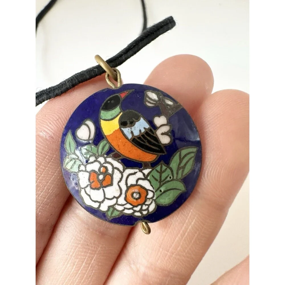 Vintage Double Sided Cloisonné Bird Flower Pendant Necklace 28”